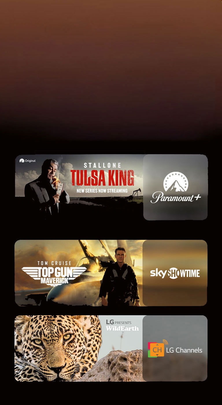 Có logo của các nền tảng dịch vụ phát trực tuyến và các cảnh quay phù hợp ngay bên cạnh mỗi logo. Có những hình ảnh về Thứ Tư của Tulsa King của Paramount +,TOP GUN của sky SHOWTIME và con báo của LG CHANNELS.