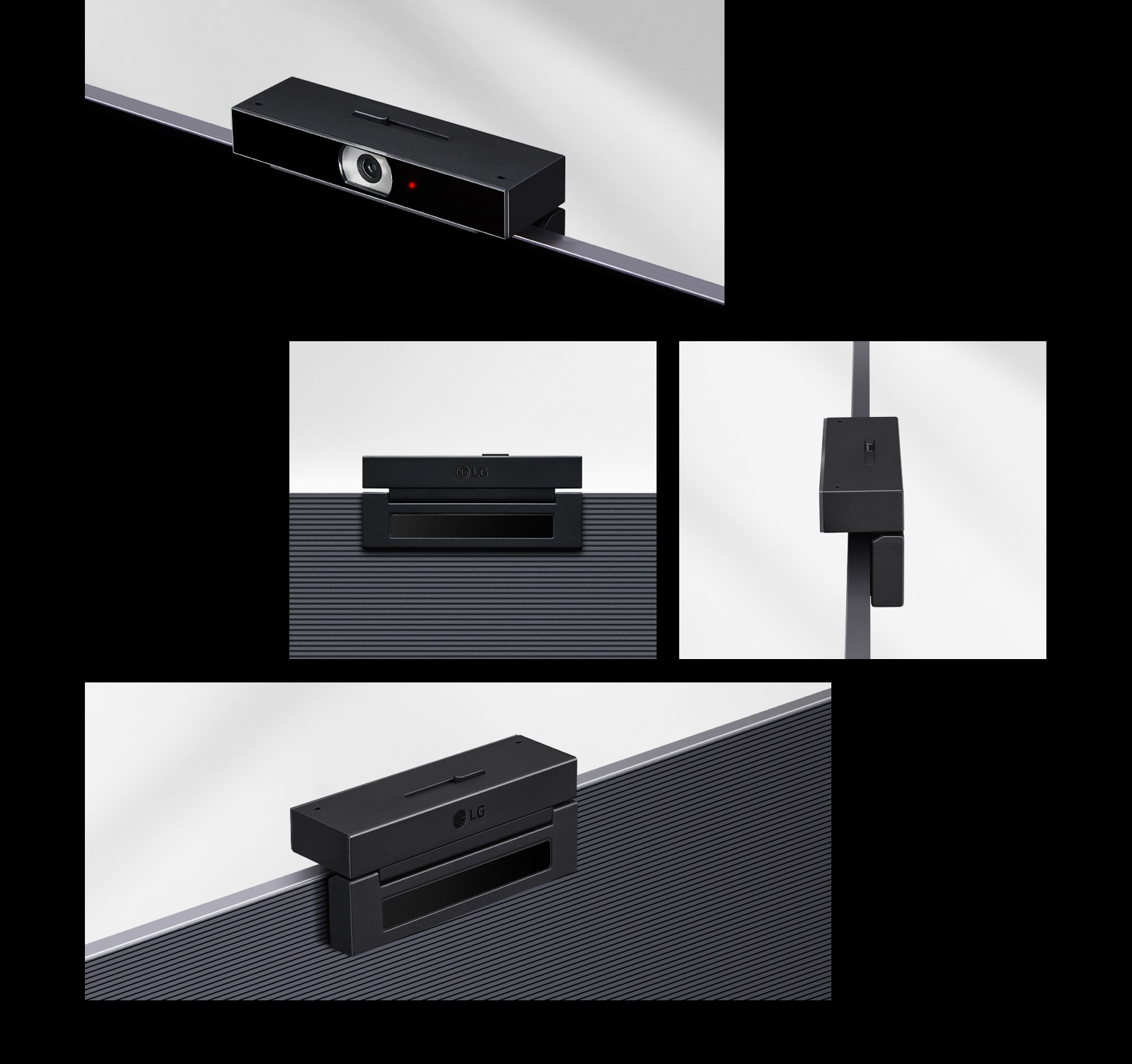 Có tổng cộng bốn hình ảnh của các sản phẩm LG Smart Cam. Hình trên cùng hiển thị hình ảnh của máy ảnh ở trạng thái mở, trong khi hình ở giữa hiển thị mặt sau và mặt bên cạnh nhau. Hình dưới cùng hiển thị mặt sau của sản phẩm từ một góc bên.
