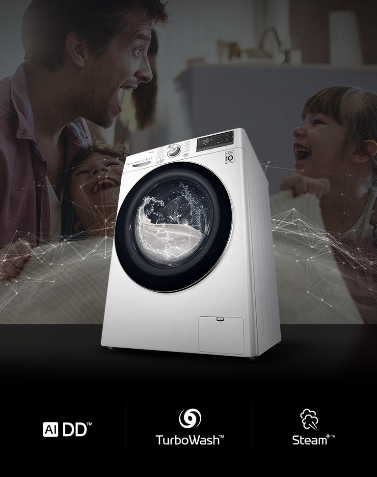 Máy giặt hoạt động trên hình ảnh nền cha và con gái đang cười.