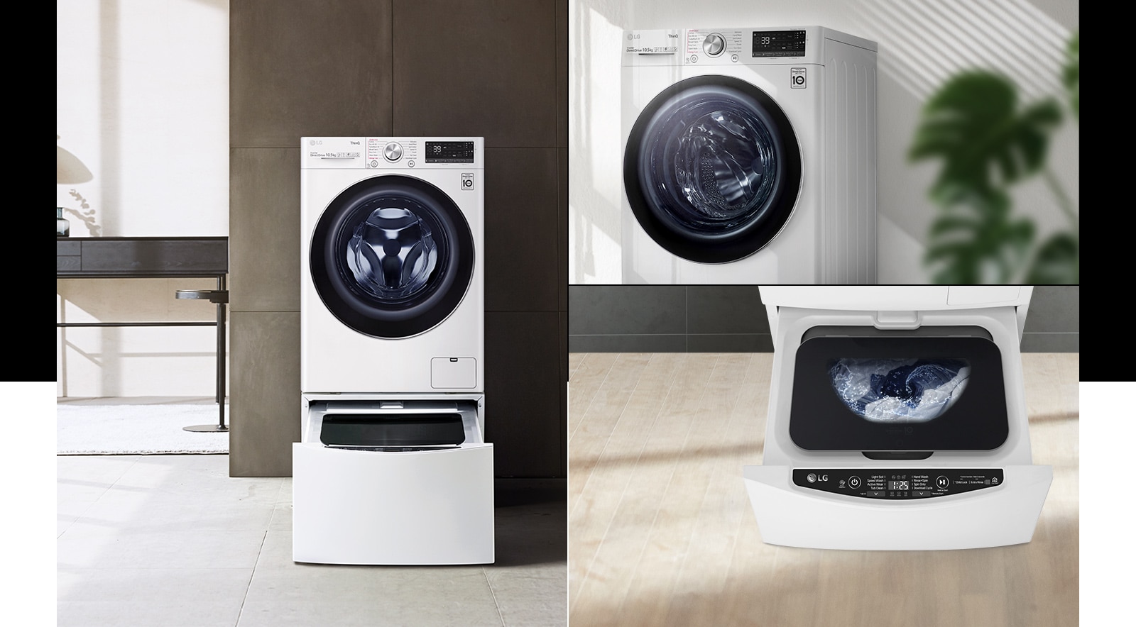Ba hình ảnh nội thất với máy giặt đôi và máy giặt.