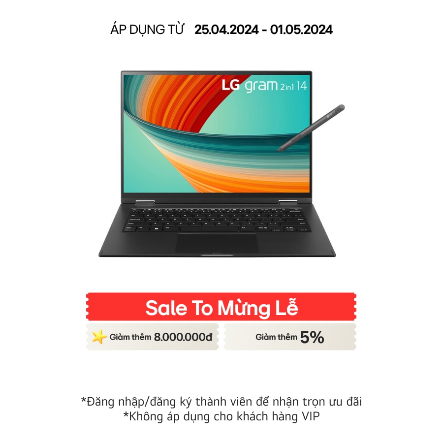 LG Laptop LG gram 2in1 14'', Windows 11 Home Plus, Intel® Core™ i5 Gen 13, màn hình cảm ứng, 14T90R-G.AH55A5, 14T90R-G.AH55A5
