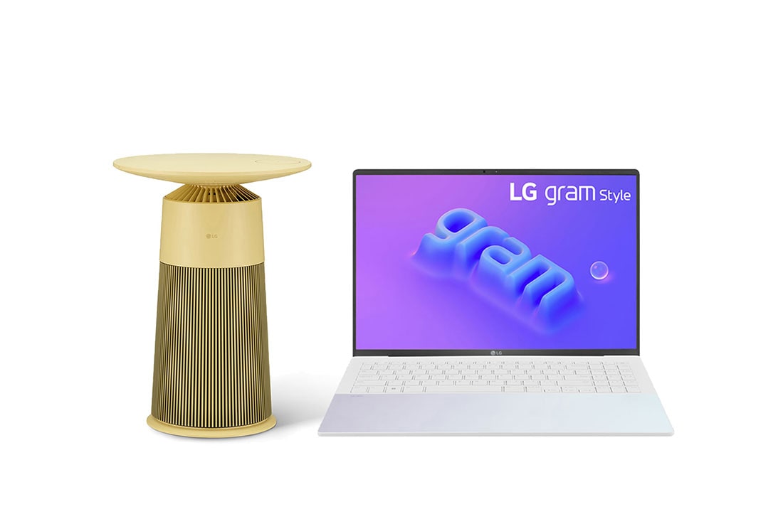 LG Combo Máy lọc khí PuriCare AeroFurniture màu vàng chanh|AS20GPYU0 và Laptop LG gram Style 16'', Windows 11 Home Plus|16Z90RS-G.AH54A5, bundle view, 16Z90RS.YU0