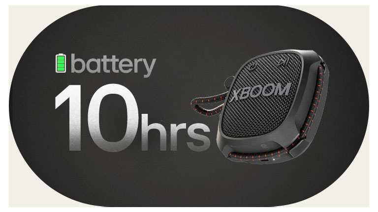 LG XBOOM Go XG2 được đặt trong không gian vô tận và minh họa thời lượng pin 10 tiếng.