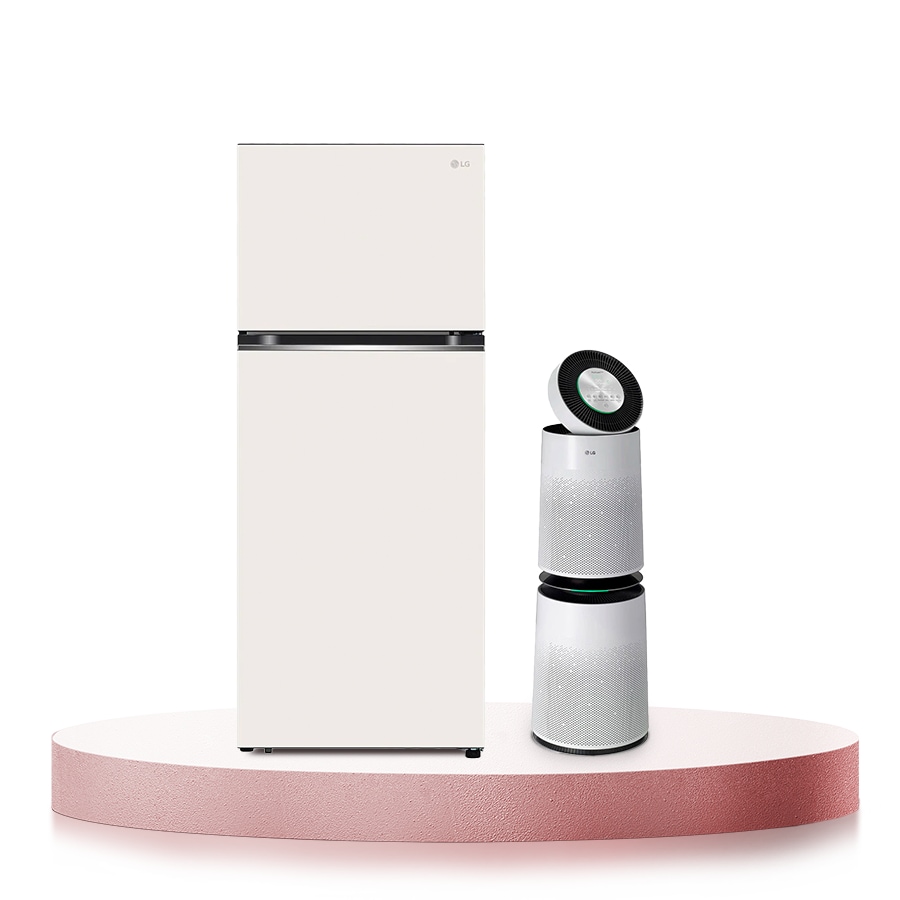 LG Combo Tủ lạnh LG ngăn đá trên Smart Inverter™ với công nghệ DoorCooling+™ 395L màu be GN-B392BG & Máy lọc khí PuriCare 360 2 tầng màu trắng, front view bundle, GNB392AS10W.ABAE