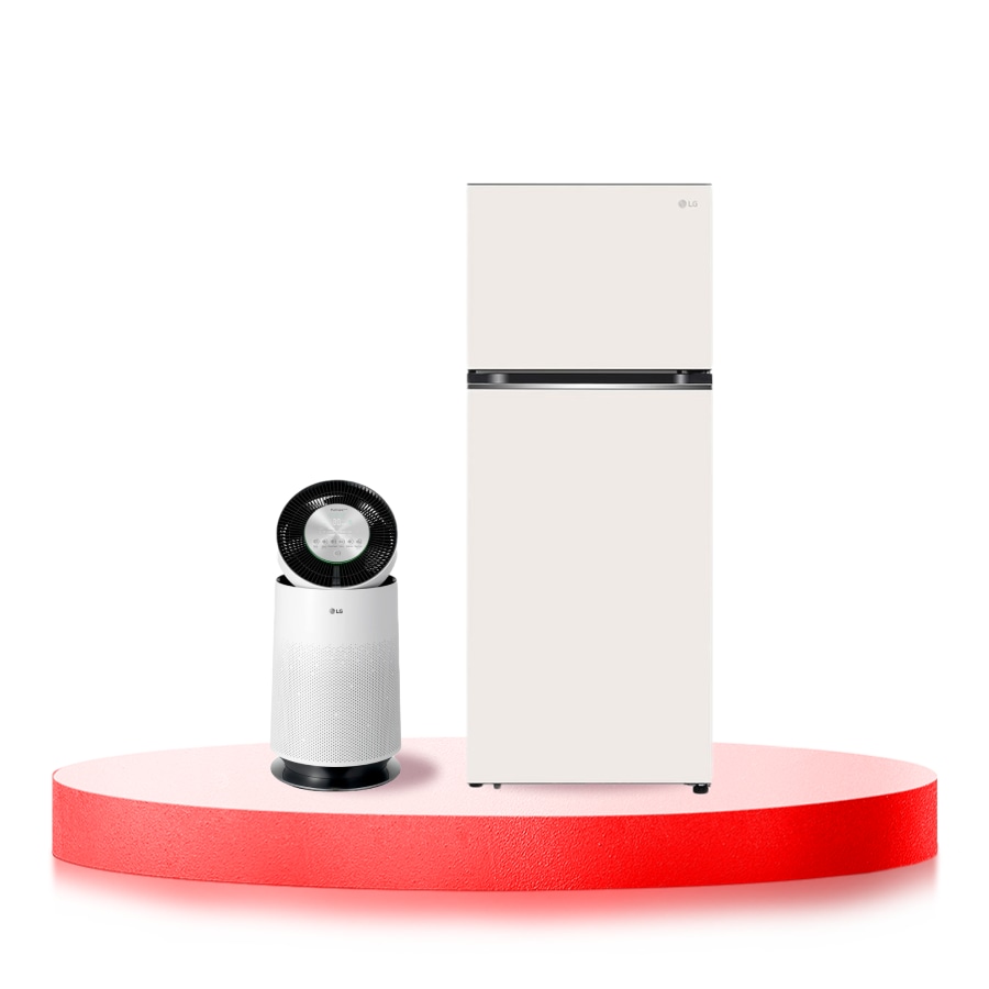 LG Combo Máy lọc khí PuriCare 360 1 tầng màu trắng & Tủ lạnh LG ngăn đá trên Smart Inverter™ với công nghệ DoorCooling+™ 395L màu be GN-B392BG, hình ảnh kết hợp, AS65GNB392.ABAE