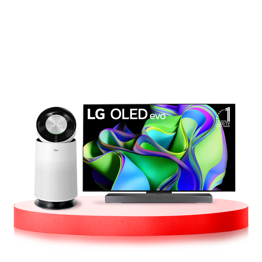 LG Combo Máy lọc khí PuriCare 360 1 tầng màu trắng & Tivi LG OLED evo C3 65 inch 2023 4K Smart TV | OLED65C3, front view of bundle image, AS65O65C3.ABAE