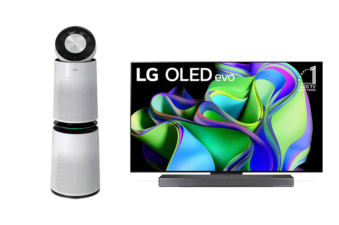 LG Combo Máy lọc khí PuriCare 360 2 tầng màu trắng & Tivi LG OLED evo C3 65 inch 2023 4K Smart TV | OLED65C3, front view of bundle images, AS10O65C3.ABAE