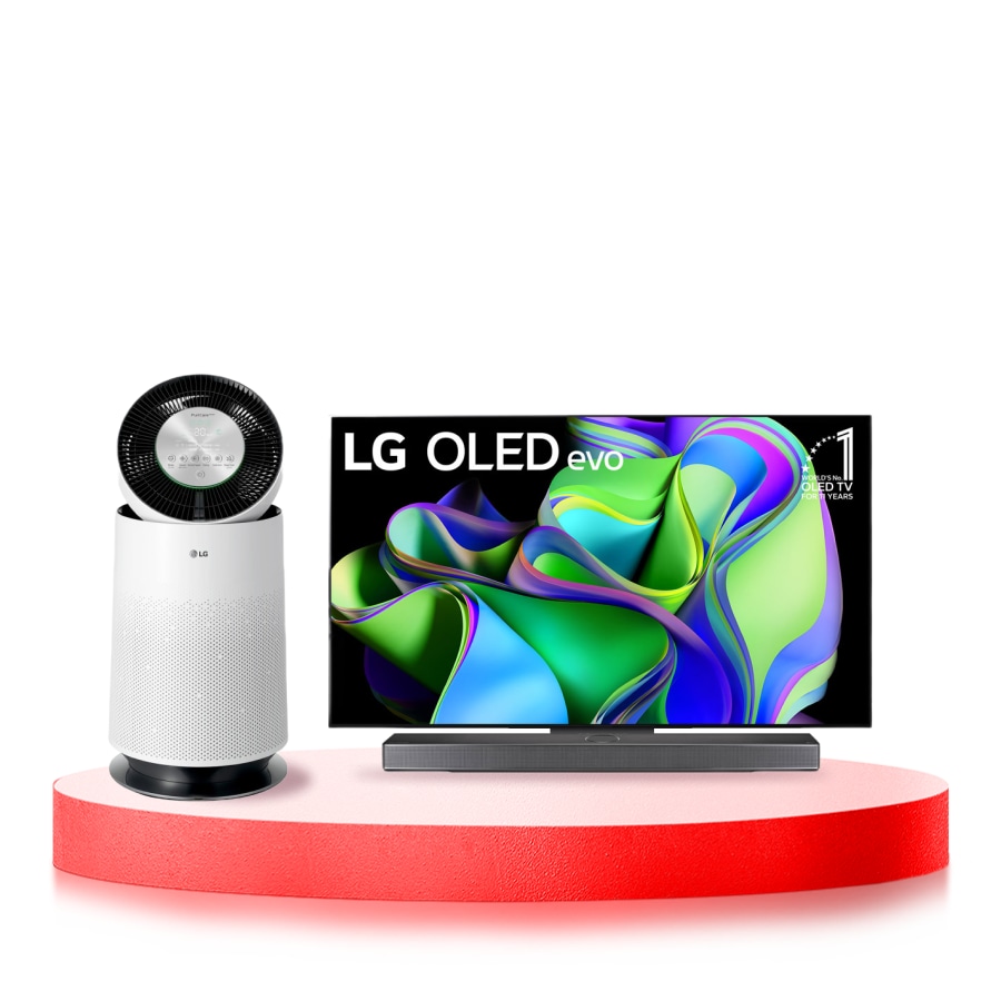 LG Combo Máy lọc khí PuriCare 360 1 tầng màu trắng & Tivi LG OLED evo C3 55 inch 2023 4K Smart TV | OLED55C3, front view, AS65O55C3.ABAE