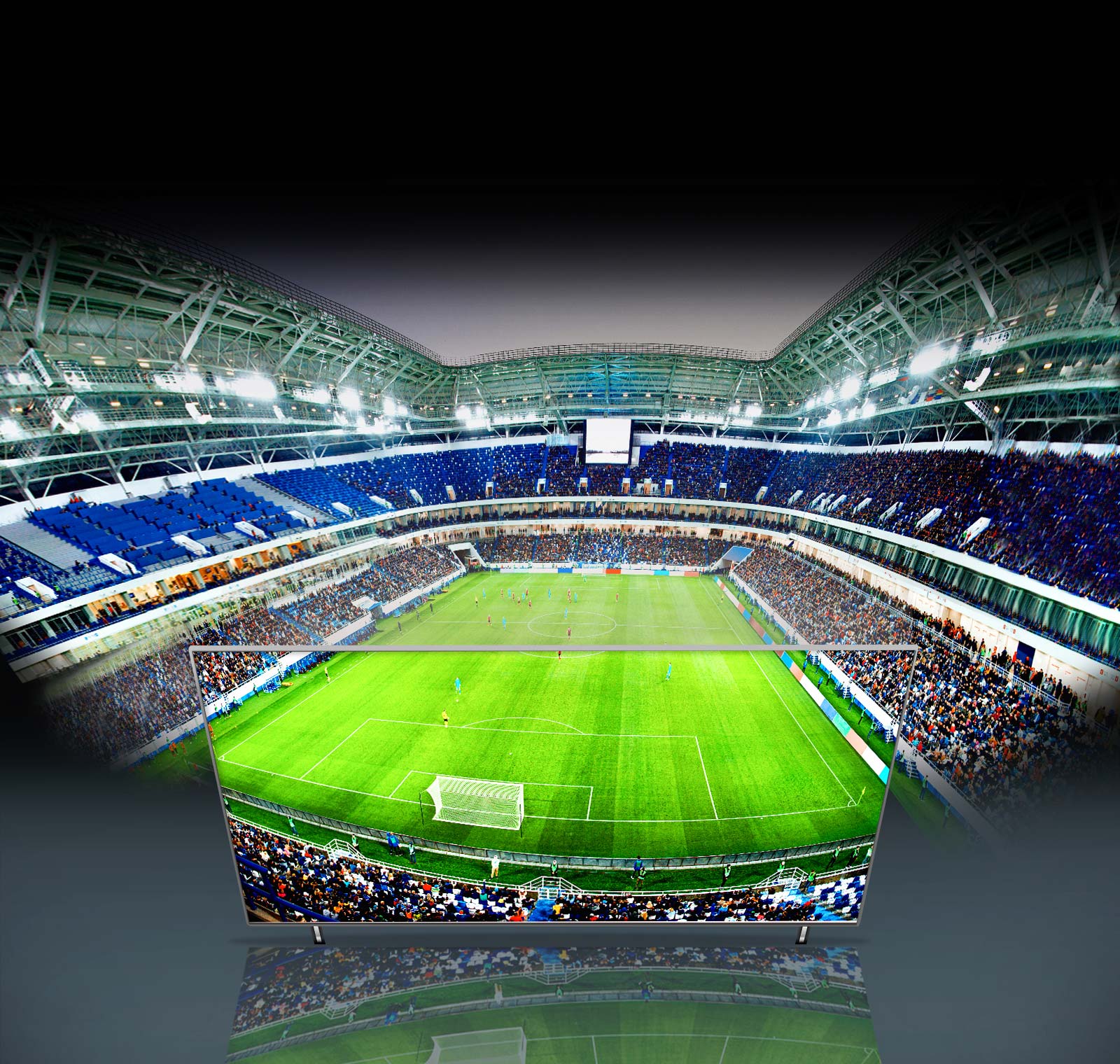 Một cảnh rất lớn của sân vận động bóng đá được hiển thị và một phần của hình ảnh được hiển thị thông qua TV QNED.