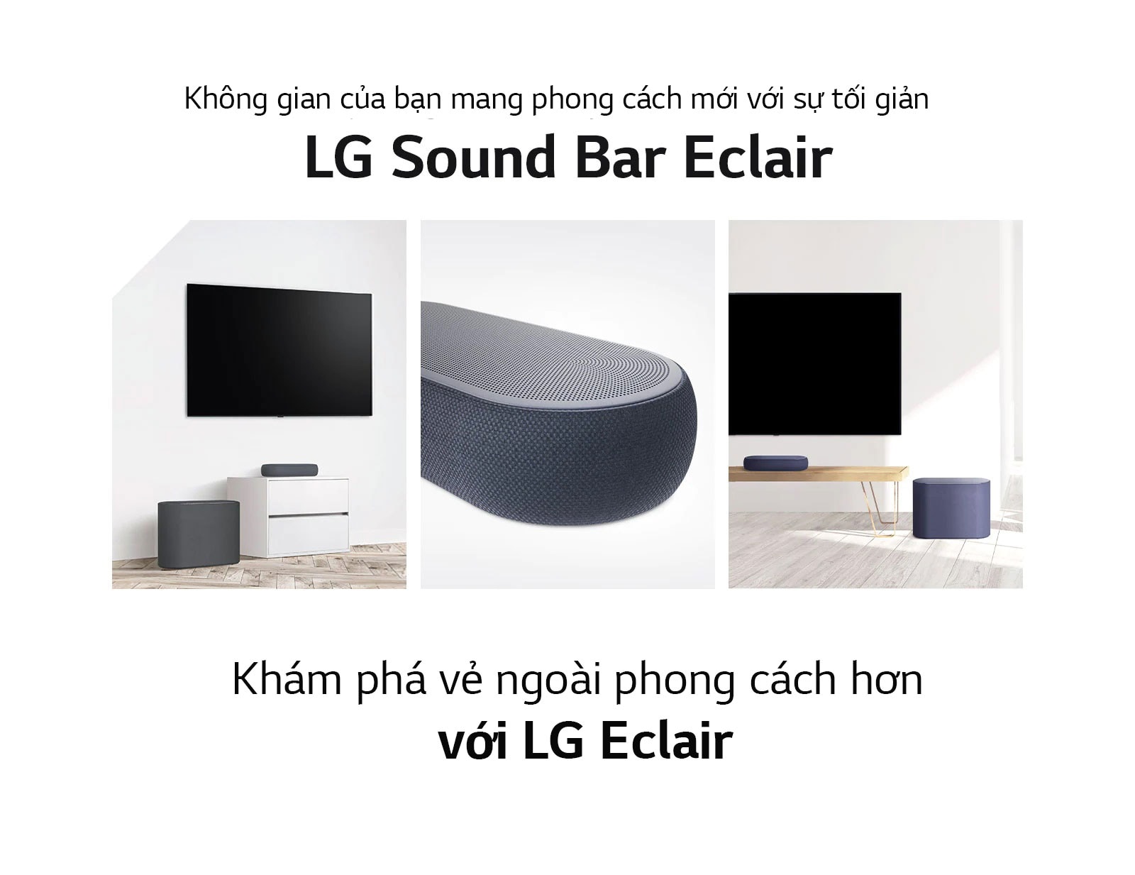 There is a collage of three images - soundbar and subwoofer in a white living room on the left side, close-up of a right side of soundbar in the middle, and soundbar and subwoofer placed on a wooden cabinet on the right side of a collage image.