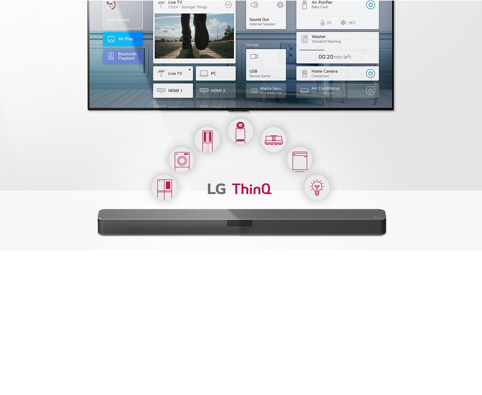 TV treo trên tường. Loa thanh LG đặt bên dưới TV. Logo LG ThinQ và các biểu tượng đồ gia dụng được hiển thị ở giữa TV và Loa thanh LG.