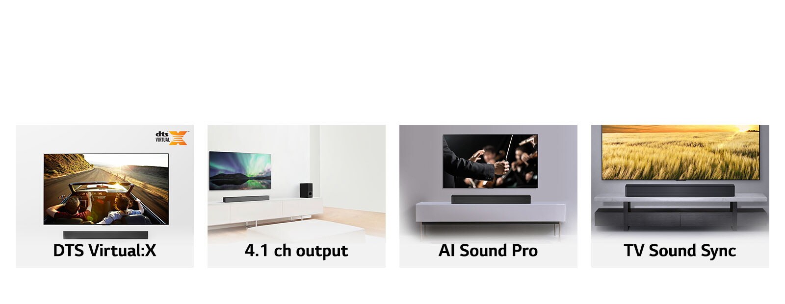 Ảnh ghép. Từ trái sang phải: bốn ảnh loa soundbar gồm ảnh có logo Meridian, ghép với TV, đặt trên giá, và chụp cận cảnh mặt trước.