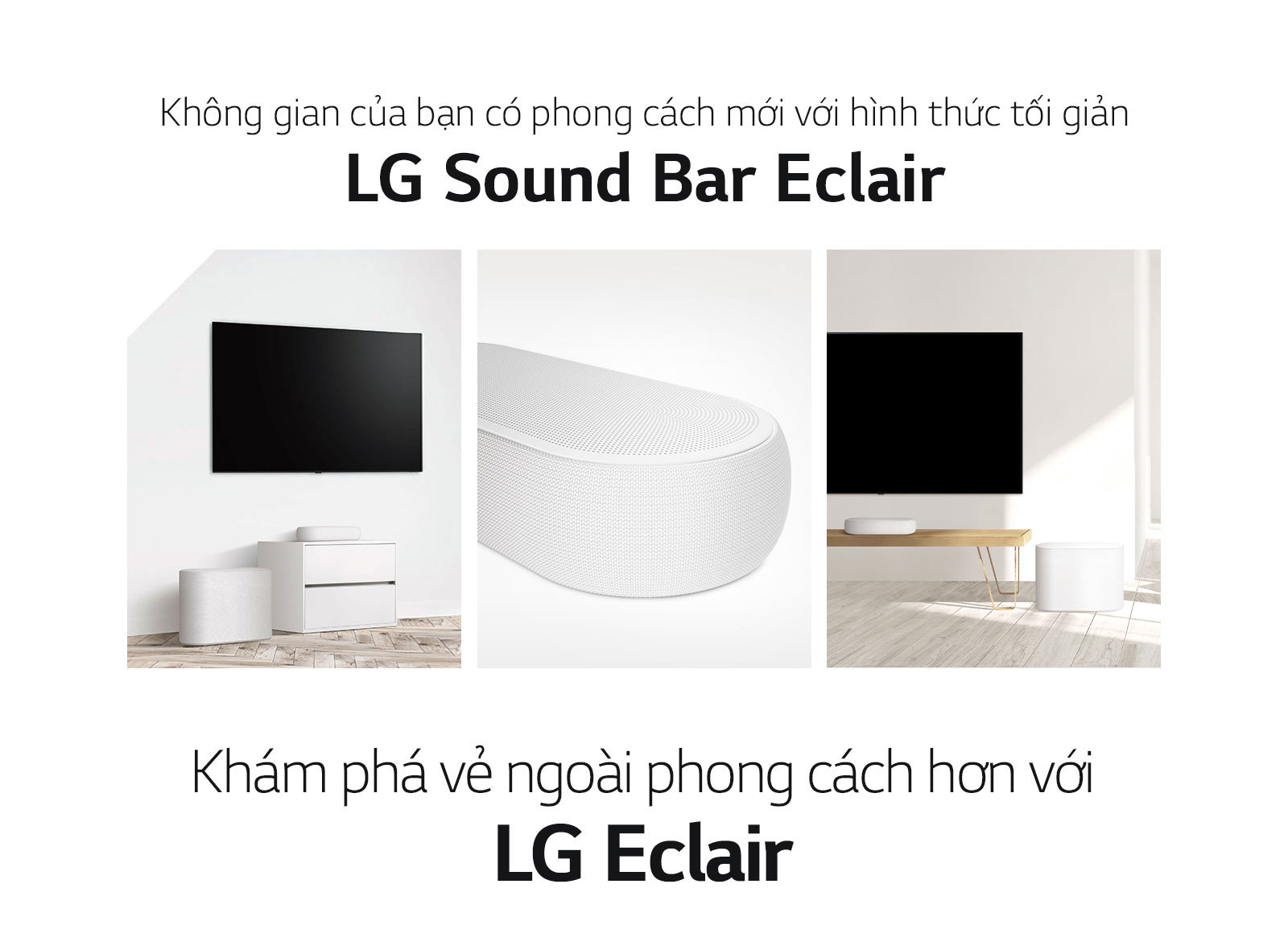 There is a collage of three images - soundbar and subwoofer in a white living room on the left side, close-up of a right side of soundbar in the middle, and soundbar and subwoofer placed on a wooden cabinet on the right side of a collage image.