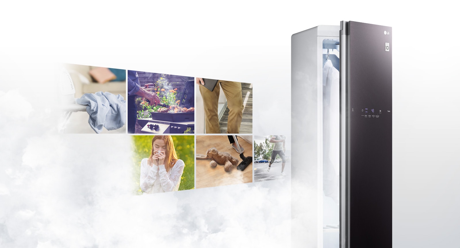 Various allergic conditions are listed like a panoramic film, and an LG Styler® product with a half-open door is standing next to it, expressing that Styler®steam can remove it.