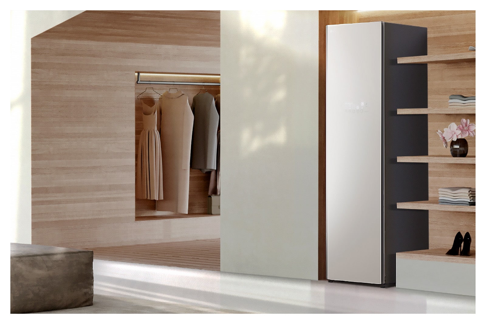 Hình ảnh tủ chăm sóc quần áo LG Styler Objet Collection màu xanh lá cây sương mờ đặt trong phòng thay đồ.
