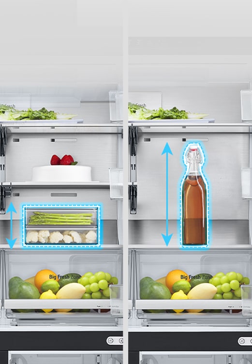 Bên trái, giá đỡ được mở ra bên trong tủ lạnh và có một hộp đựng thức ăn thấp, còn bên phải, giá đỡ được gập lại ở vị trí tương tự và có một chiếc chai cao.