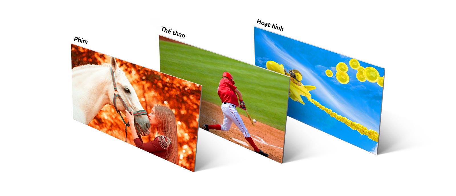 Ba hình ảnh, một hình hiển thị cô gái đang hôn một chú ngựa, hình thứ hai là một cầu thủ bóng chày đánh trúng quả bóng, và hình thứ ba hiển thị một chiếc máy bay hoạt hình đang bay trên bầu trời.