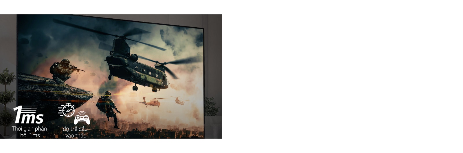 A TV screen displaying a battle game with armed soldiers and helicopters flying in the sky.