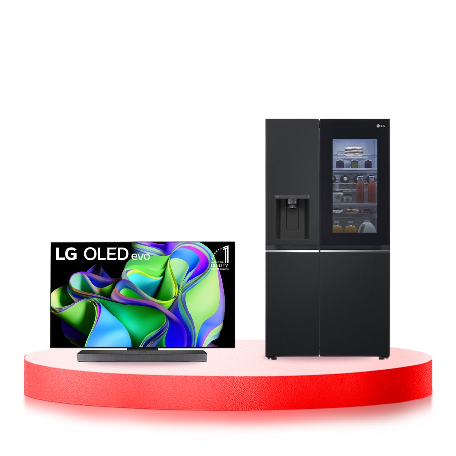 LG Combo Tivi LG OLED evo C3 65 inch 2023 4K Smart TV | OLED65C3 & Tủ lạnh LG Instaview lấy nước ngoài UVnano 635L màu đen GR-G257BL, TV + Refrigerator front view, O65C3G257B.ABAE