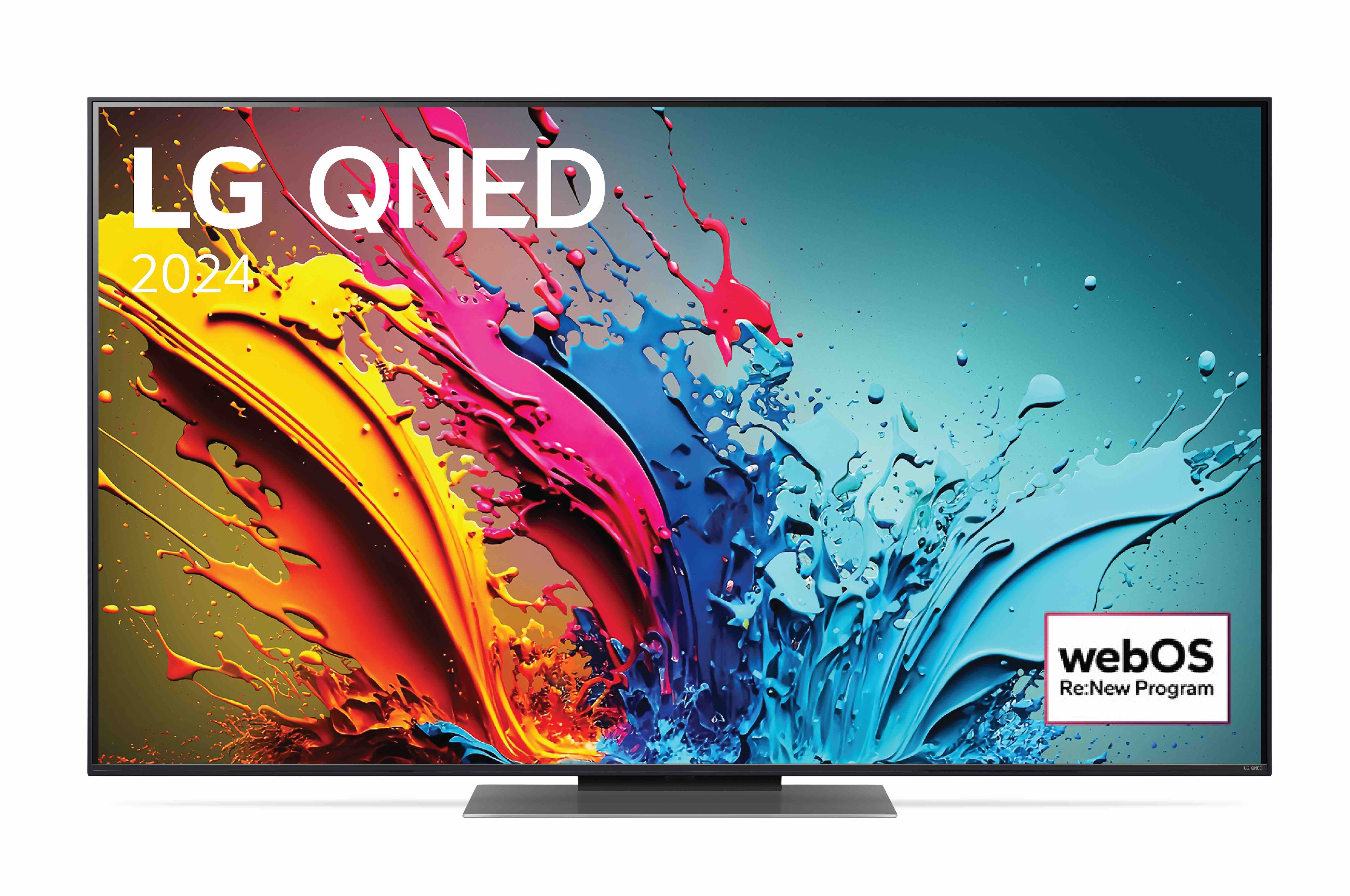 LG TV LG QNED 55 inch 55QNED86TSA, Mặt trước của TV LG QNED, QNED86 với dòng chữ của LG QNED MiniLED, 2024 và logo webOS Re:New Program trên màn hình, 55QNED86TSA