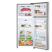 LG Smart Inverter™ 374L Tủ lạnh ngăn đá trên với công nghệ Door Cooling (Bạc), hình ảnh tủ mở phía trước bên trong có thực phẩm, GN-D372PS, thumbnail 2