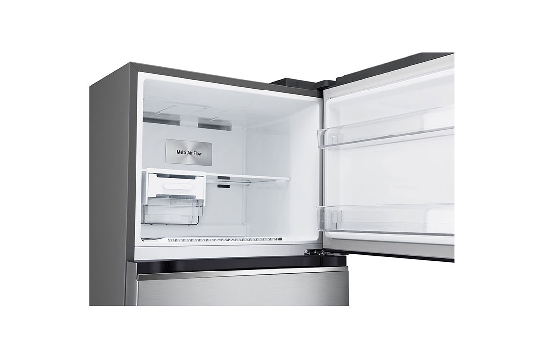 LG Tủ lạnh LG ngăn đá trên Smart Inverter™ với công nghệ DoorCooling+™ 314L màu bạc GN-D312PS, tủ đông bên trên đang mở có gắn hệ thống làm đá spaceplus và bên trong có thực phẩm, GN-D312PS