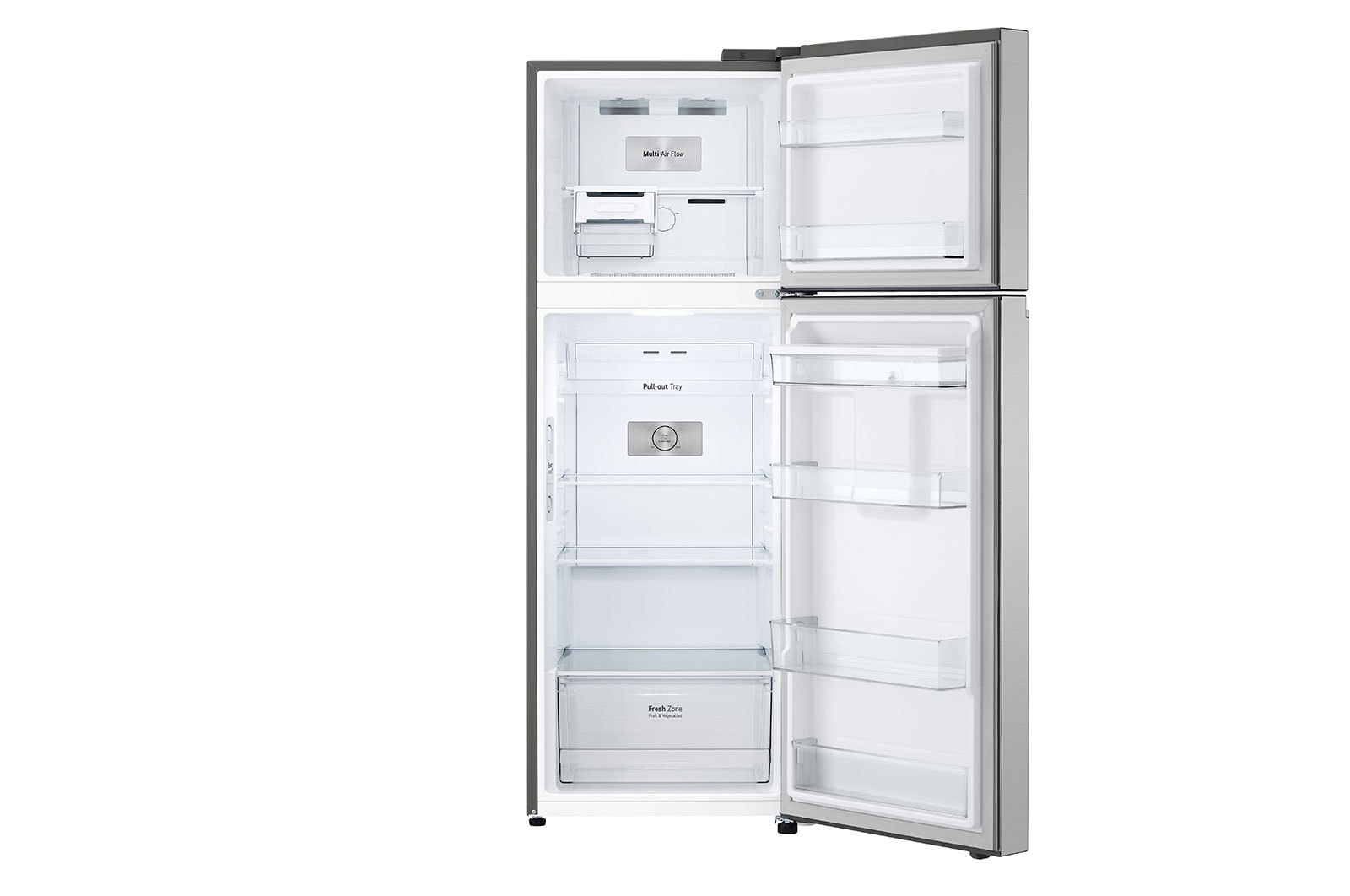 LG Smart Inverter 314L Tủ lạnh ngăn đá trên với công nghệ Door Cooling (Bạc), ngăn kéo bên trong có trái cây, GN-D312PS