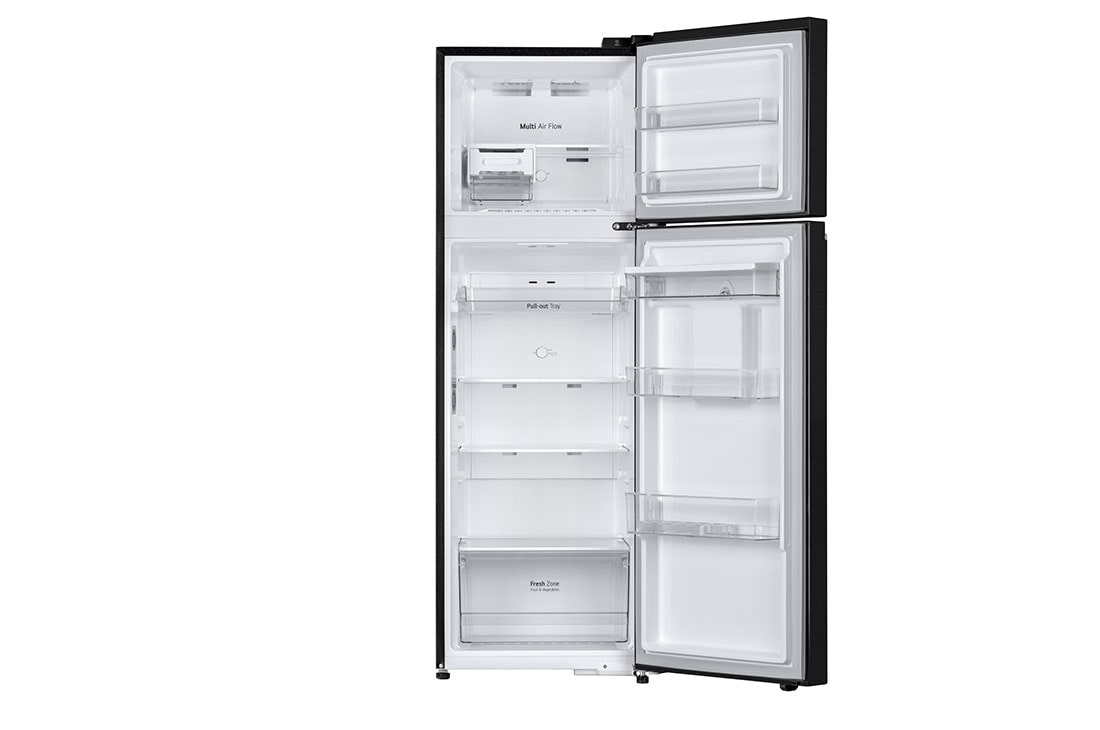 LG Tủ lạnh LG ngăn đá trên Smart Inverter™ với công nghệ DoorCooling+™ và ngăn lấy nước ngoài 264L màu đen GV-D262BL, hình ảnh tủ mở phía trước bên trong có thực phẩm, GV-D262BL