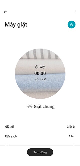 Giao diện ứng dụng LG ThinQ hiển thị trạng thái của máy giặt.