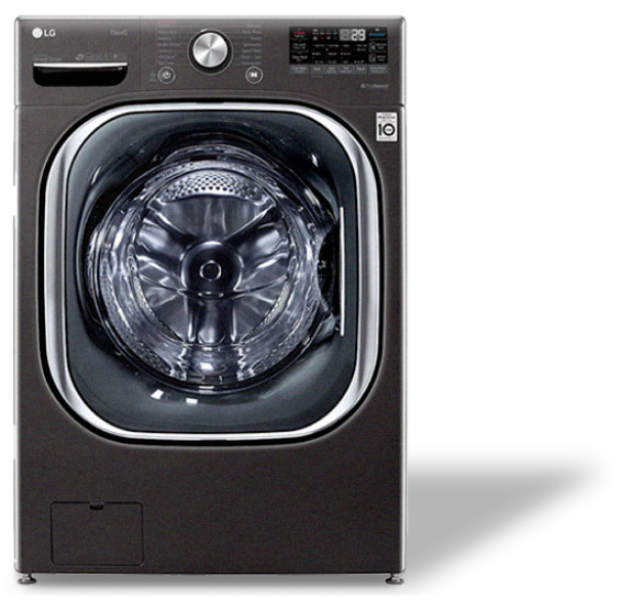 Máy giặt cửa trước LG ThinQ màu đen.