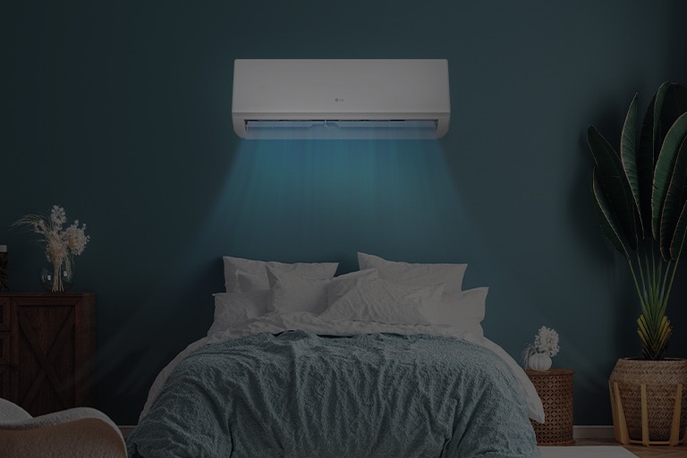 In the dark bedroom, a blue wind comes out of the air conditioner