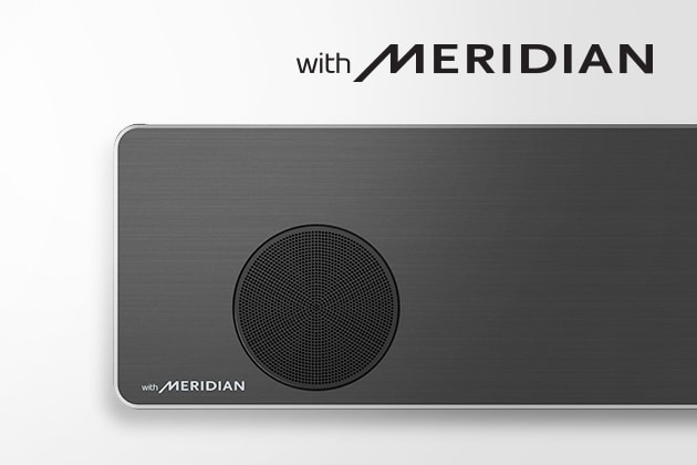 Close-up of LG Soundbar left side with Meridian logo on the bottom left corner. Larger Meridian logo shown above the product.