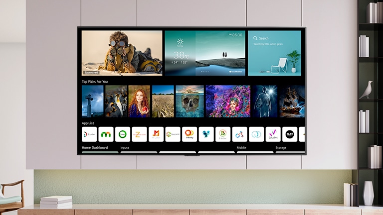 A TV screen displaying newly designed home screen with personalized contents and channels