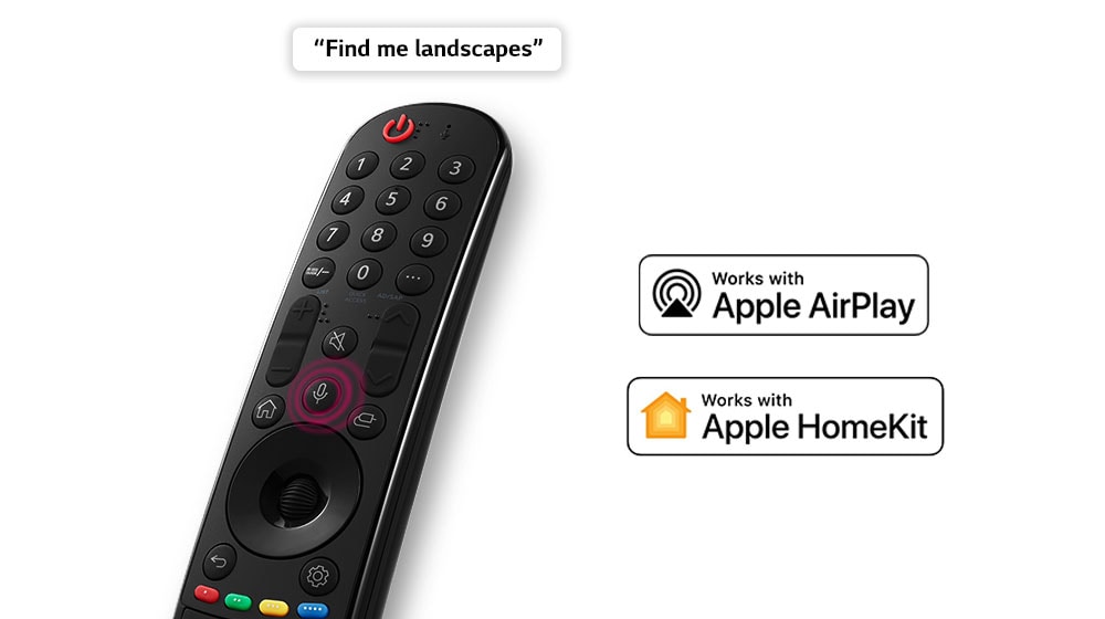 A remote control with a speech bubble reading "Find me landscapes." Logos of affiliated OTT services are pictured.