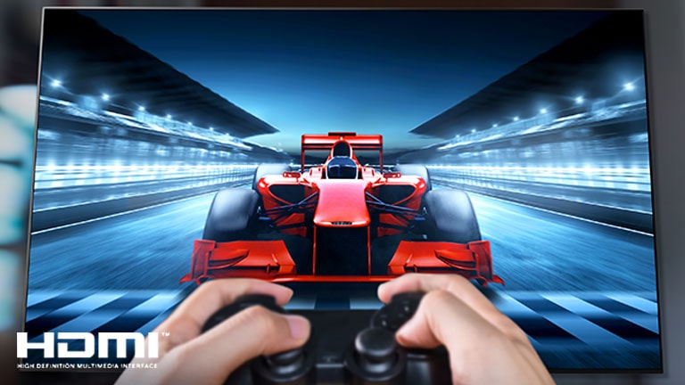 "A close up of a player playing a racing game on a TV screen. On the image, there are HDMI logo on the bottom left and 1ms Response Time logo on the bottom right. "