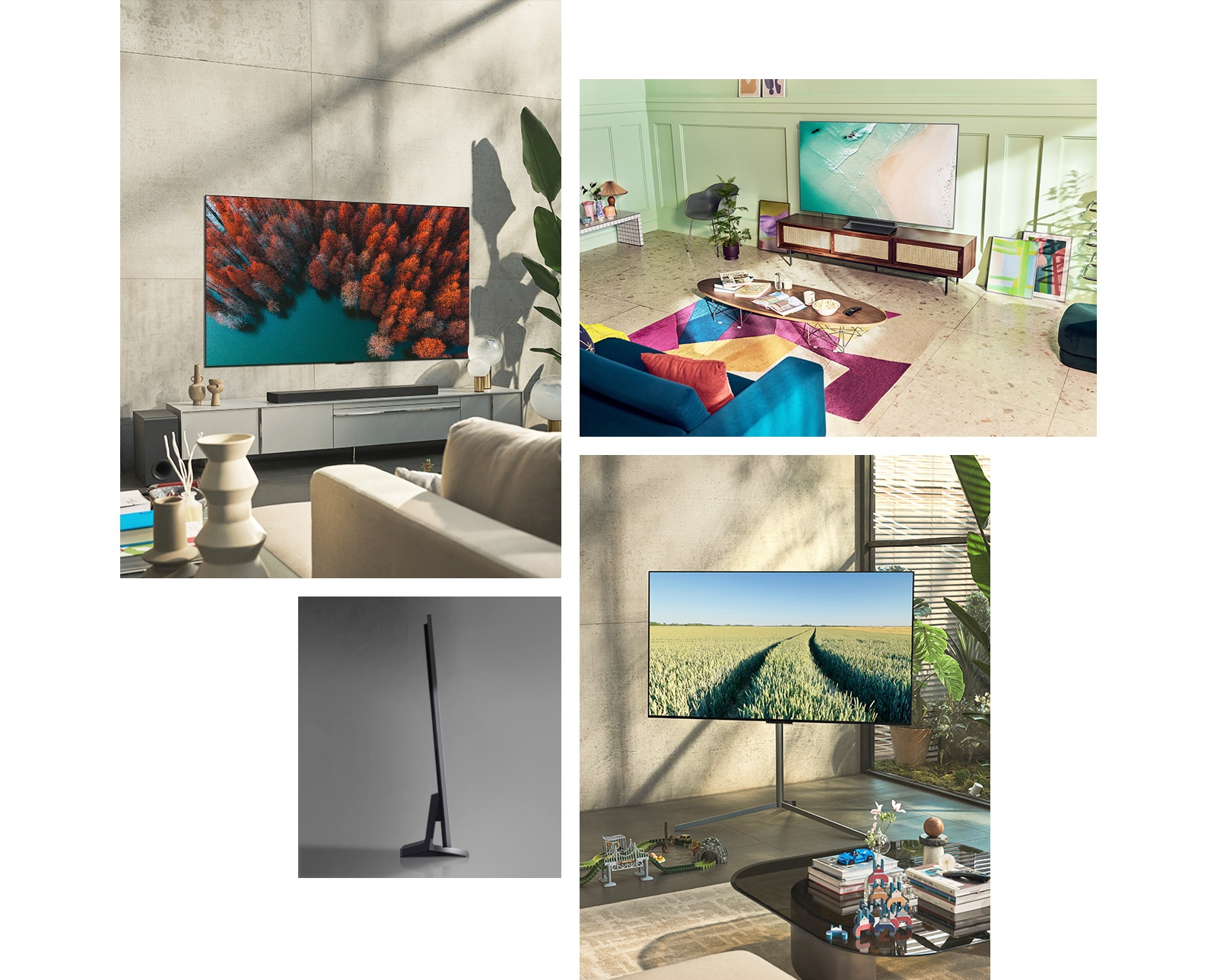 An LG OLED G2 is hung on the wall in a neutral-colored living room with plants and rustic ornaments. An LG OLED G2 sits on a TV stand in a mint green room with colorful art and furnishings. An LG OLED G2 with Gallery Stand is in the corner of a room in a family home.  A side view of the ultra-slim edge of LG OLED G2.