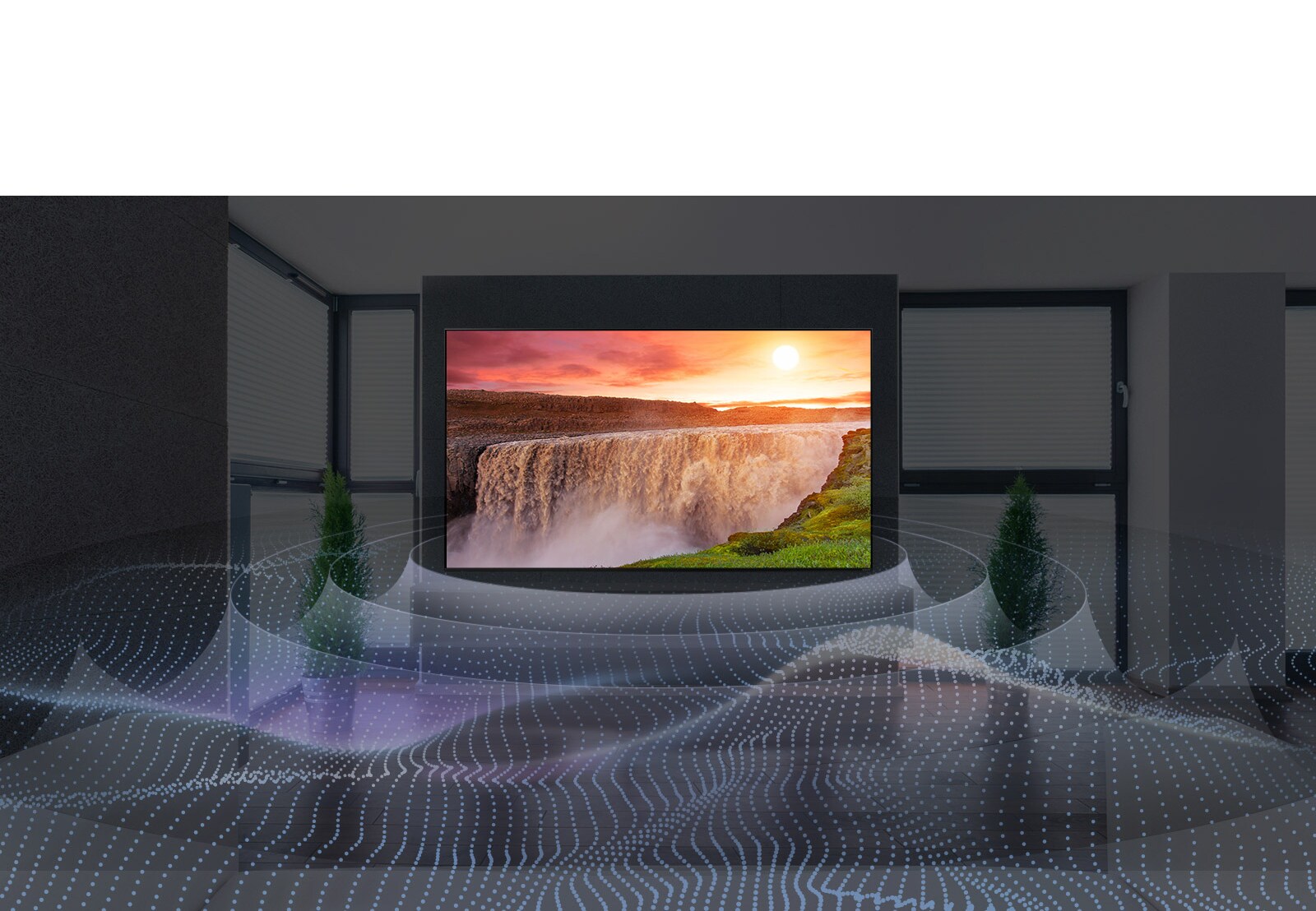 Giant waterfall on TV with surround sound graphic