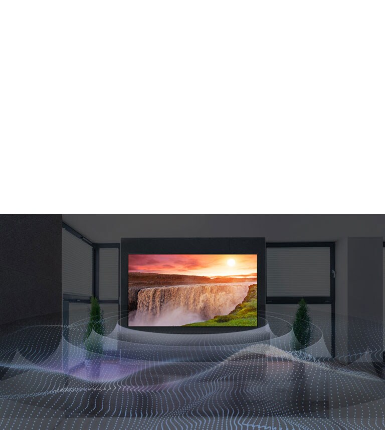 Giant waterfall on TV with surround sound graphic