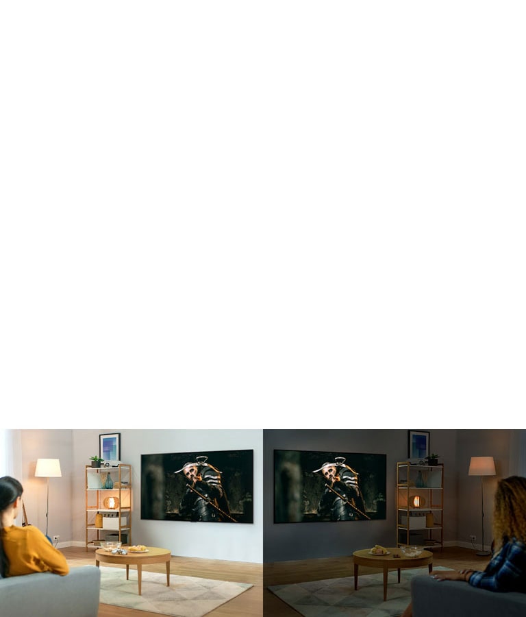 Two women watching the same scene on TV in mirrored living rooms and different brightness conditions