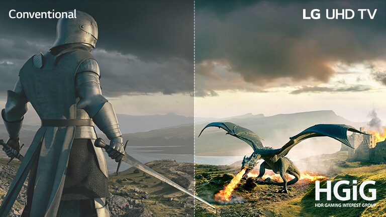 A knight in an armor with a sword and a dragon blowing out fire are facing each other. On the image, there are texts of Conventional on the upper left, LG UHD AI ThinQ on the upper right, and a HGiG logo on the bottom right.