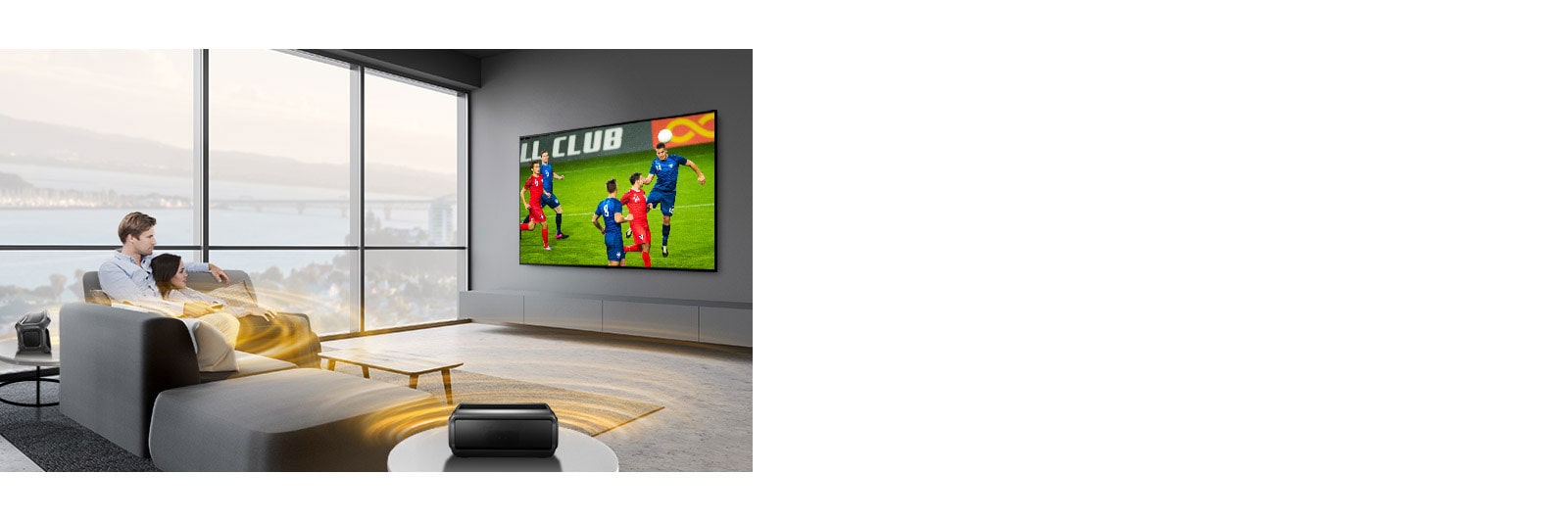 A man and women watching sports game on TV in the living room with Bluetooth rear speakers