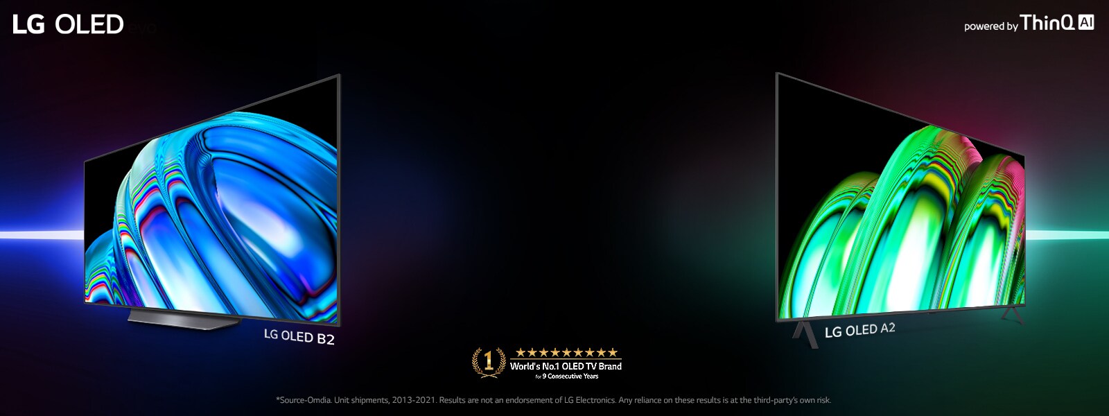 LG OLED B2 and LG OLED A2 stand against a black backdrop. LG OLED B2 tilts to the left and displays a blue abstract image. LG OLED A2 tilts to the right and displays a green abstract image.			