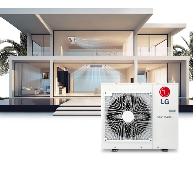 A two-story mansion showcases four LG indoor units through large glass windows, their airflow discernible, with an LG Smart Inverter unit outside.
