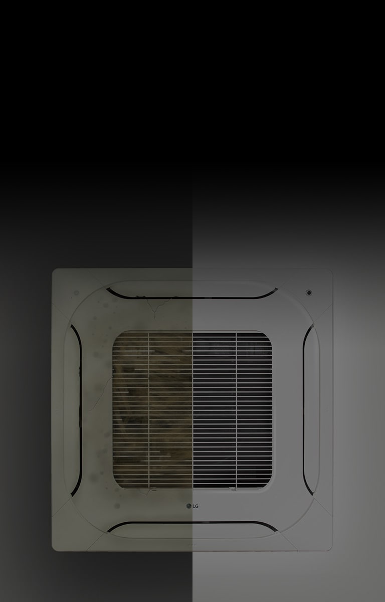 The LG ceiling-mounted cassette displayed centrally reveals a stark contrast. Its left half is covered in dust, while the right half remains clean.