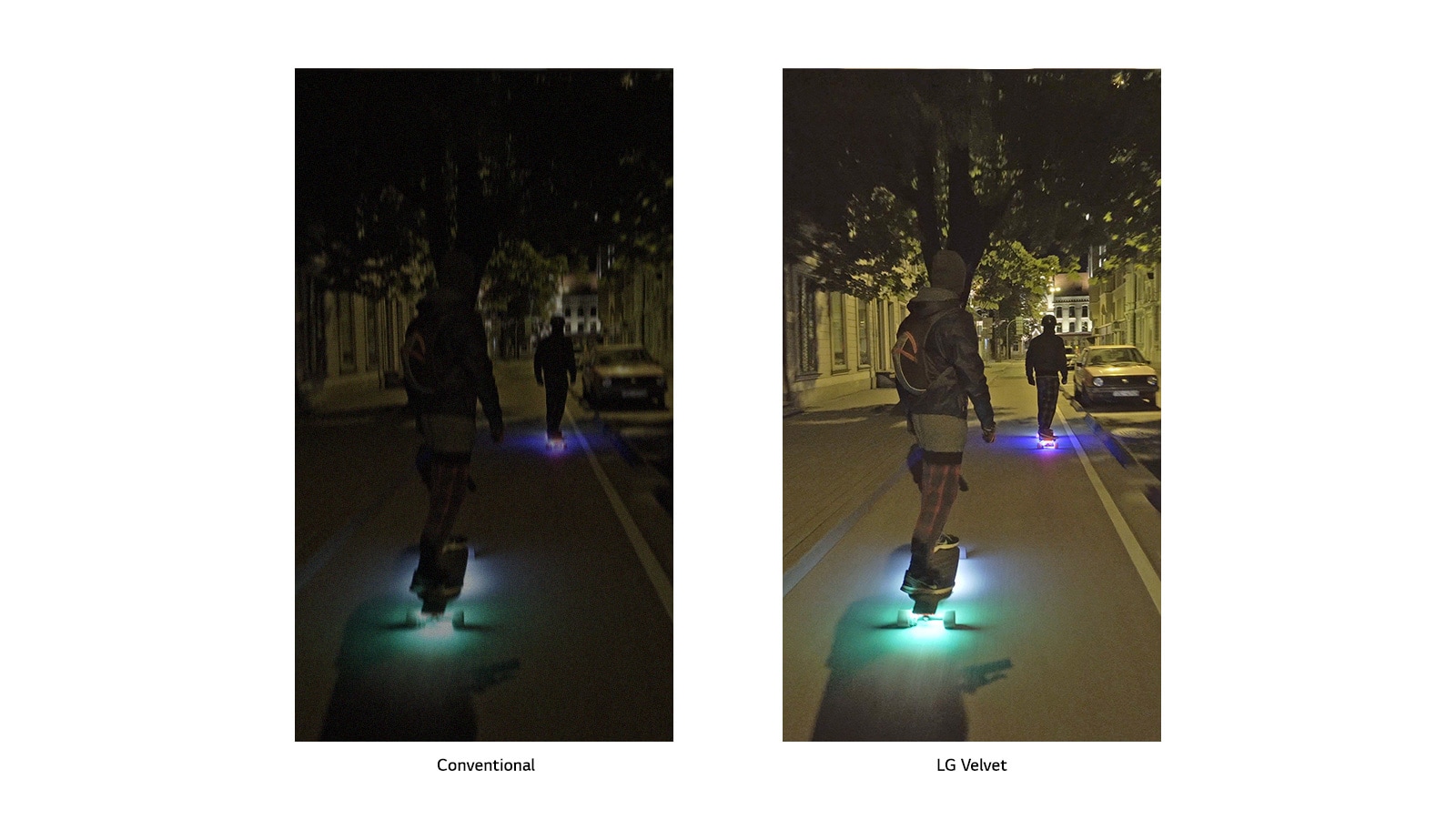Two men riding skateboard in the streets at night.