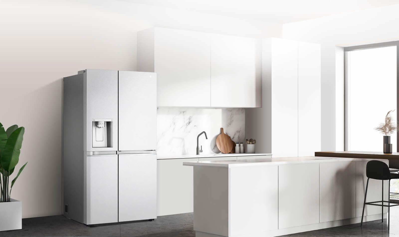 A side view of a kitchen with a black InstaView refrigerator installed.