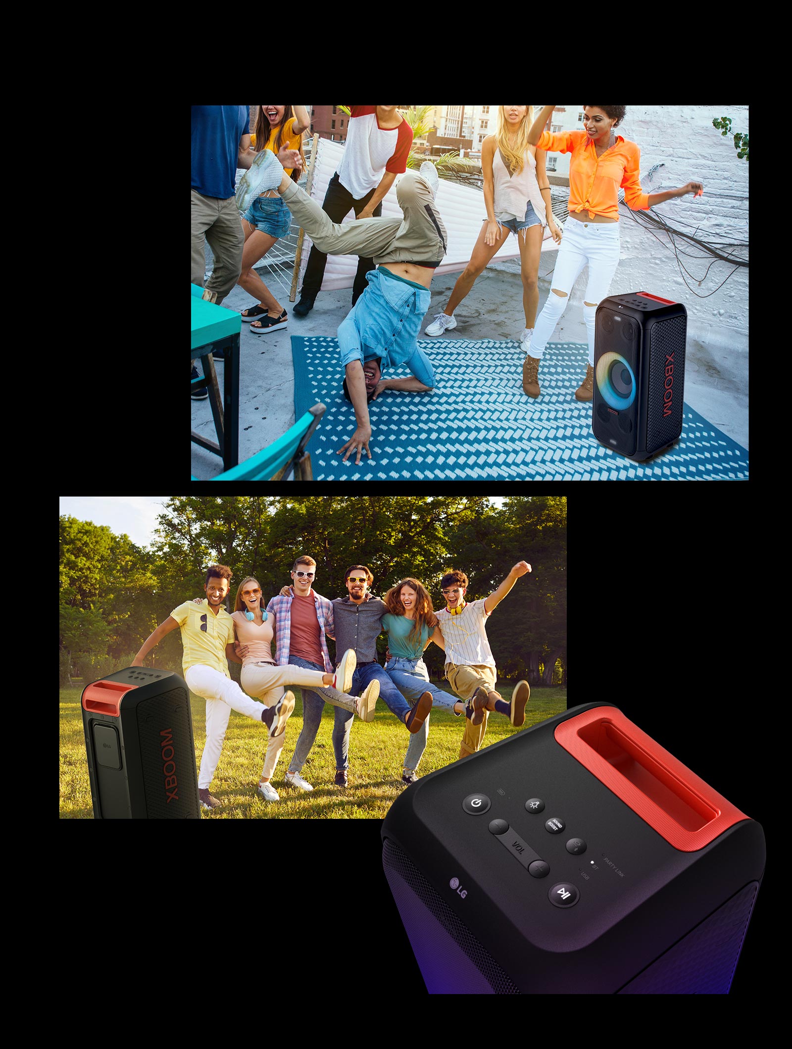 From top to bottom: There are some people dancing around the speaker. In the park, a group of people enjoying music with the speaker. The last image shows the close up of the product's top.