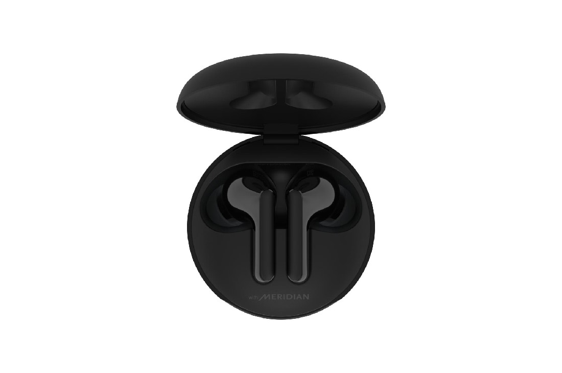 LG TONE Free FN4 Wireless Earbuds with Noise Isolation, Prestigious British Meridian Sound, Dual Microphones in Each Earbud and IPX4 Water Resistance (FN4, Black), A top view of a cradle opened up and two earbuds inside it, HBS-FN4