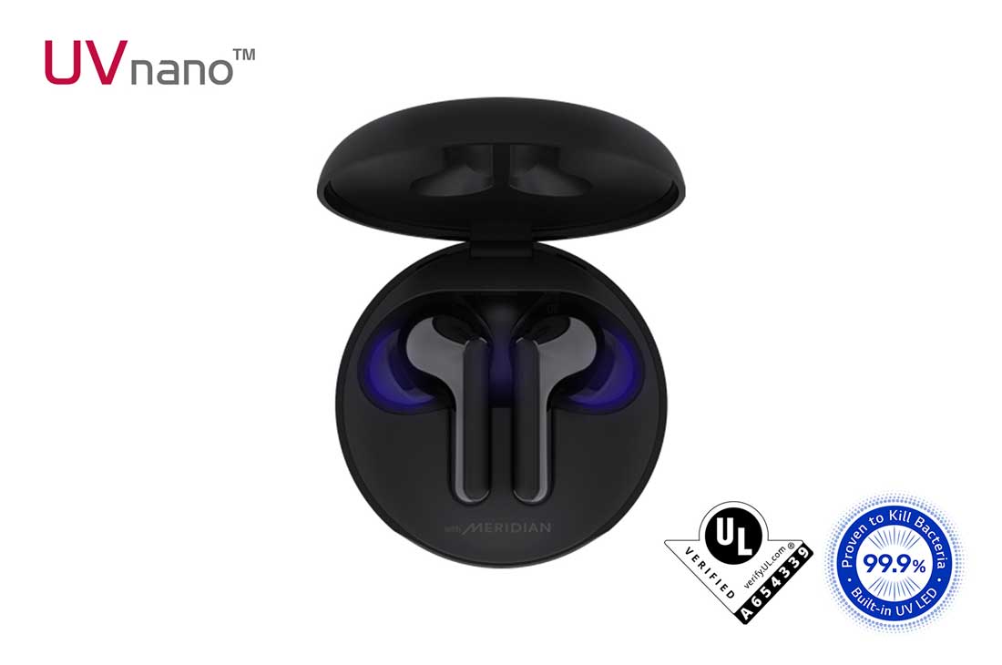 LG Tone Free FN6 Wireless Earbuds 99.9% Bacteria Free, Wireless Charging Case, Prestigious British Meridian Sound, Dual Microphones in Each Earbud and IPX4 Water Resistance (FN6, Black), A top view of cradle opened up with mood lighting on, HBS-FN6