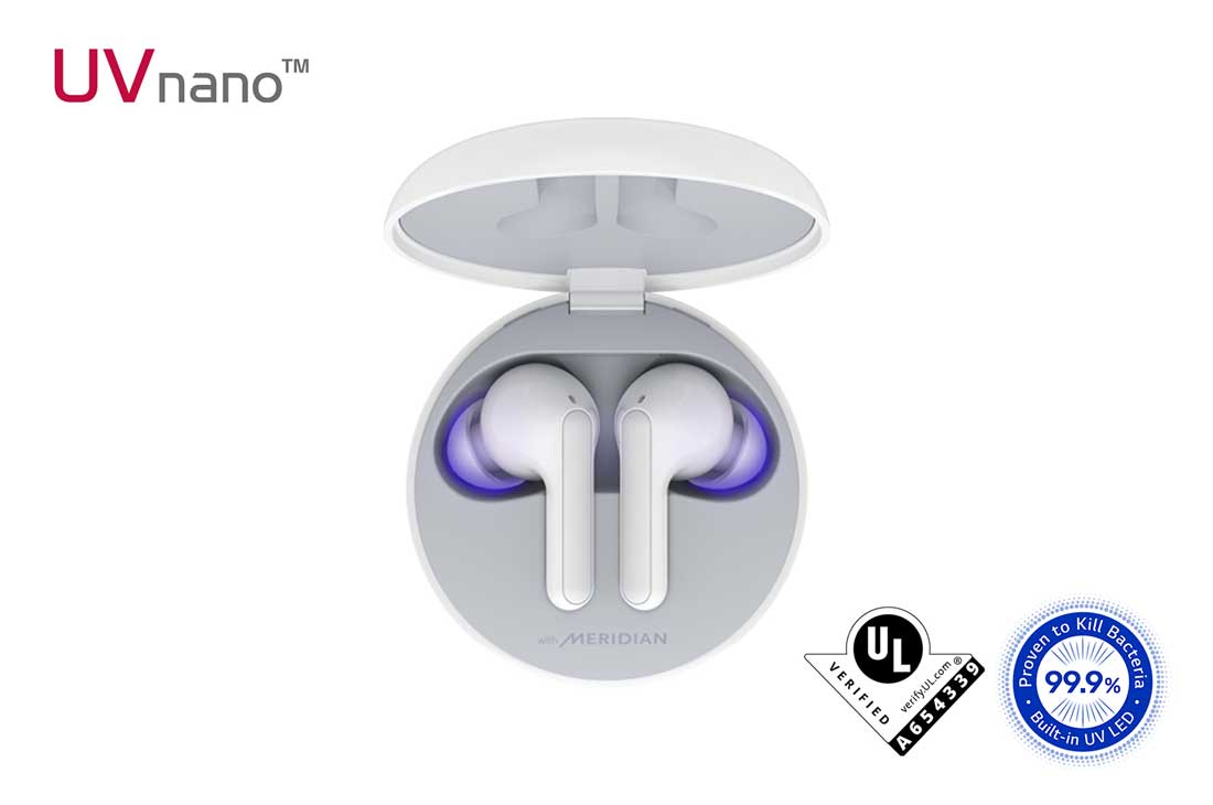 LG Tone Free FN6 Wireless Earbuds 99.9% Bacteria Free, Wireless Charging Case, Prestigious British Meridian Sound, Dual Microphones in Each Earbud and IPX4 Water Resistance (FN6, White), A top view of cradle opened up with mood lighting on, HBS-FN6